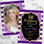 Invitación Floral Purple Gold Photo 50th Birthday<br><div class="desc">Elegante invitación de 50 años floral femenina con tu foto al fondo de la tarjeta. Diseño blanco morado de vidrio con oro falso purpurina. Cuenta con rayas, rosas púrpura, fuente de guiones y confeti. Perfecto para un elegante fiesta de celebración de cumpleaños. Personaliza con tus propios detalles. ¡Se puede personalizar...</div>