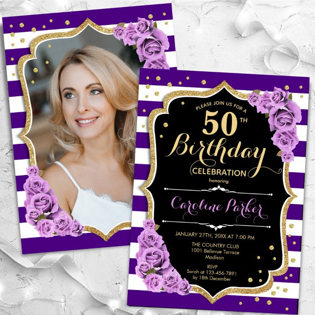 Invitación Floral Purple Gold Photo 50th Birthday (Subido por el creador)