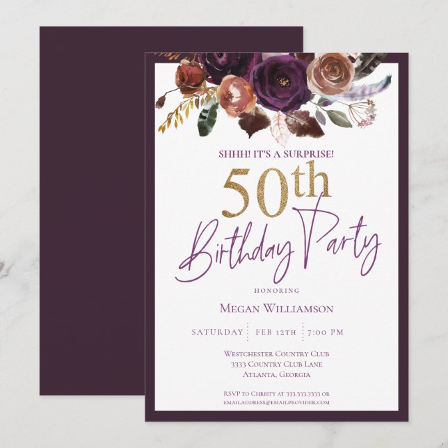 Invitación Floral Purple Gold Surprise Fiesta 50 de Cumpleaño (Anverso / Reverso)