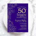 Invitación Floral Purple Gold Surprise Fiesta 50 de Cumpleaño<br><div class="desc">Floral Purple Gold Sorpresa 50 cumpleaños fiesta de invitación. Diseño moderno minimalista con acentos botánicos y tipo de letra de escritura tipográfica. Sencilla tarjeta de invitación floral perfecta para una elegante celebración de cumpleaños sorpresa femenina. Se puede personalizar a cualquier edad.</div>