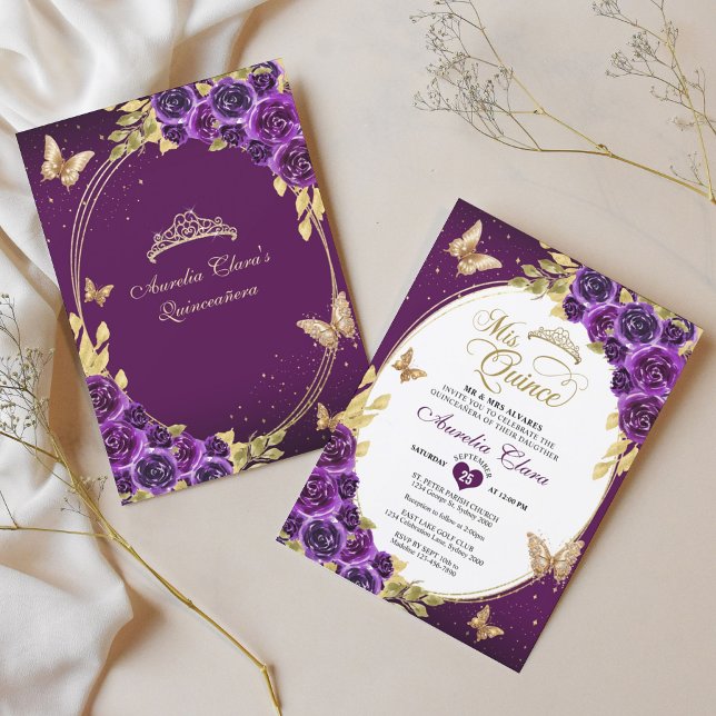 Invitación Floral Purple Gold Tiara Butterfly Mis Quinceañera (Subido por el creador)