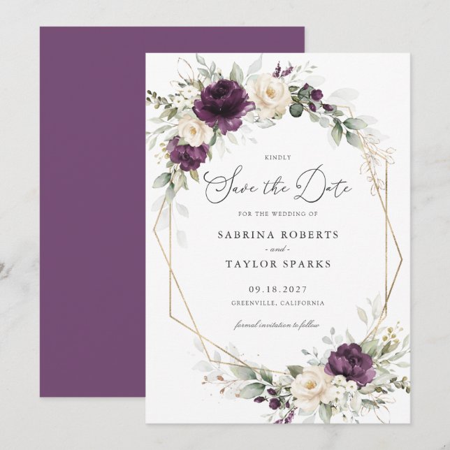 Invitación Floral Purple Greenery Gold Wedding Salven La Fech (Anverso / Reverso)