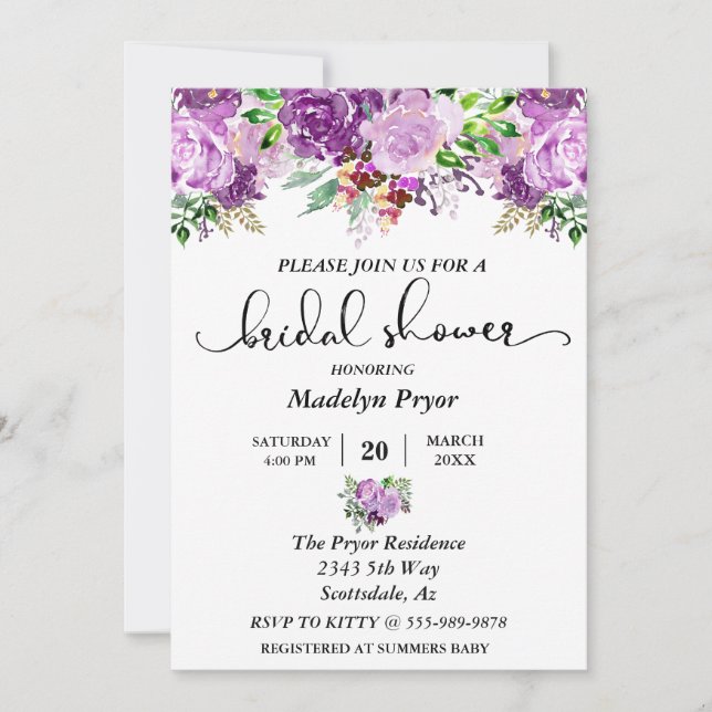 Invitación Floral Purple Lavender acuarela Ducha de novia (Anverso)