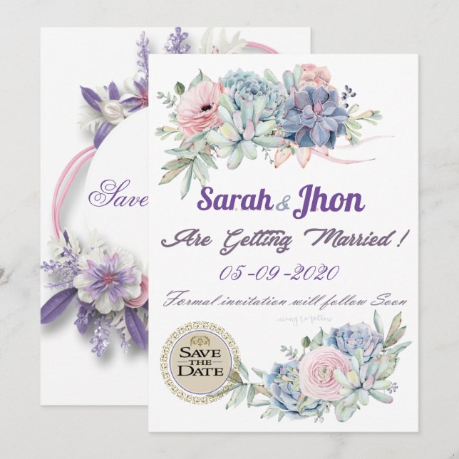 Invitación Floral Purple Lavender imprimible salva la fecha (Anverso / Reverso)
