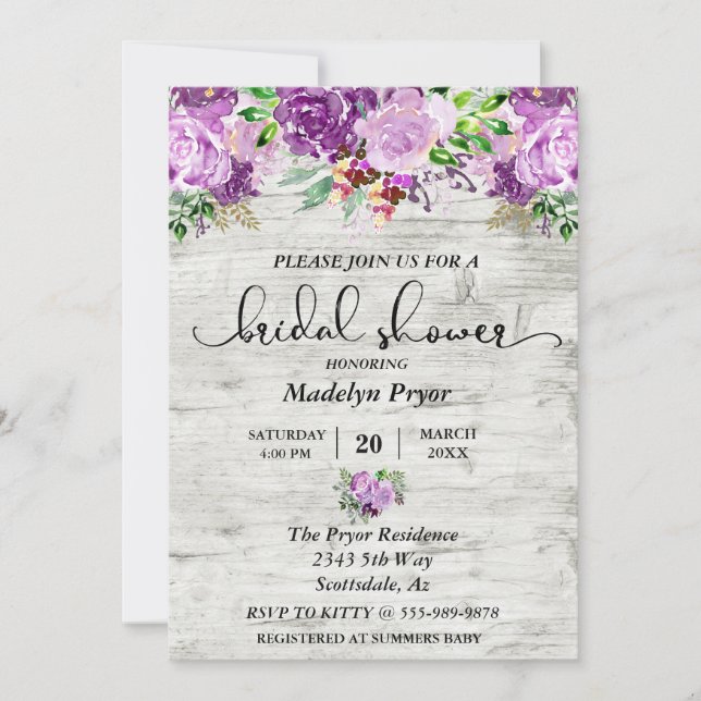 Invitación Floral Purple Lavender Madera Rústica Ducha de nov (Anverso)
