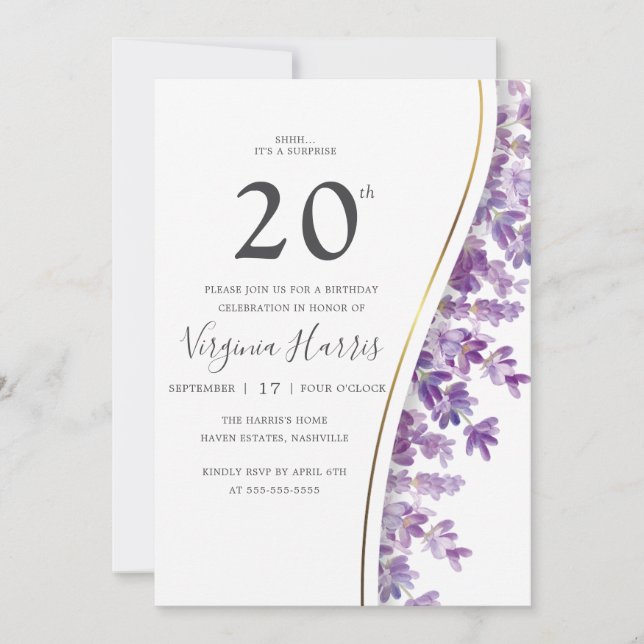 Invitación Floral Purple Lavender Veinte cumpleaños (Anverso)