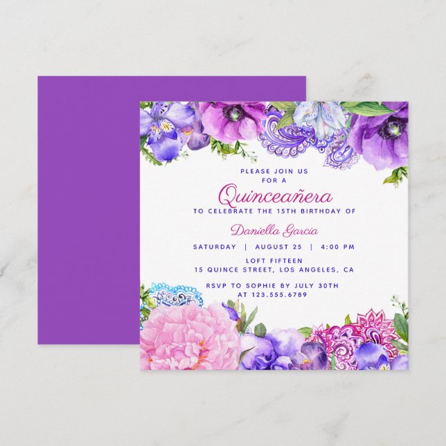 Invitación Floral Purple Paisley Quinceañera moderna (Anverso / Reverso)