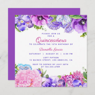 Invitación Floral Purple Paisley Quinceañera moderna