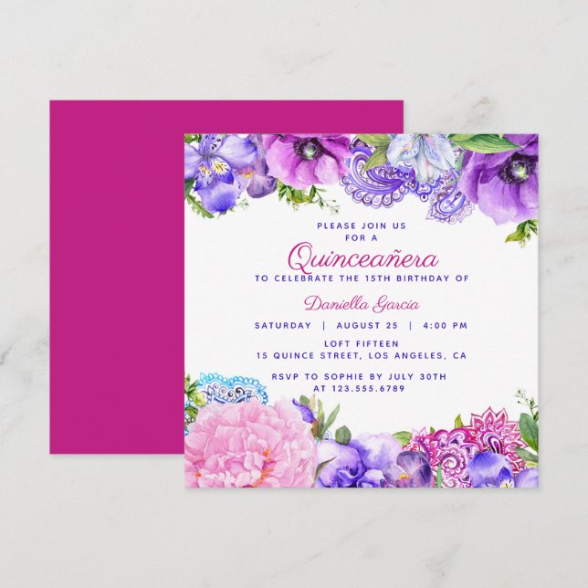 Invitación Floral Purple Paisley Quinceañera moderna (Anverso / Reverso)