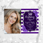 Invitación Floral Purple Silver Foto 50 cumpleaños<br><div class="desc">Elegante invitación de 50 años floral femenina con tu foto. Diseño blanco plateado de vidrio morado con plata falsa purpurina. Cuenta con rayas, rosas de lavanda, fuente de guiones y confeti. Perfecto para un elegante fiesta de celebración de cumpleaños. Personaliza con tus propios detalles. ¡Se puede personalizar para cualquier edad!...</div>