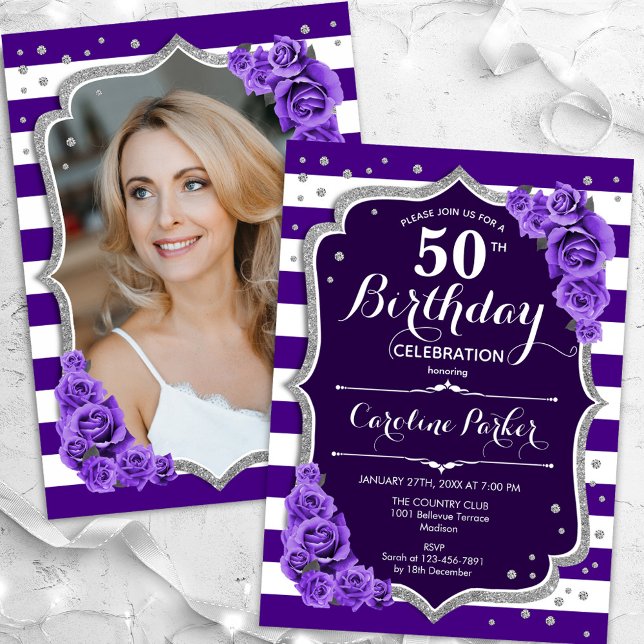 Invitación Floral Purple Silver Foto 50 cumpleaños (Subido por el creador)