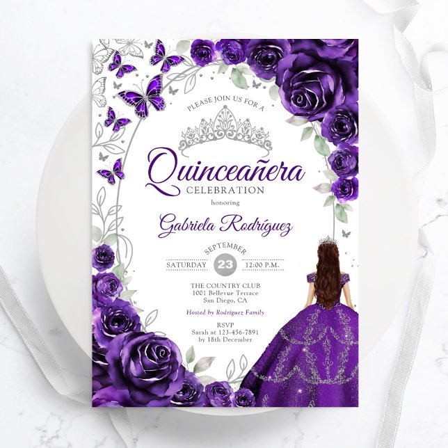 Invitación Floral Purple Silver Quinceanera (Subido por el creador)