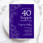 Invitación Floral Purple Surprise 40.ª Fiesta de Cumpleaños<br><div class="desc">Floral Purple Surprise 40th Birthday Party Invitation. Diseño moderno minimalista con acentos botánicos y tipo de letra de escritura tipográfica. Sencilla tarjeta de invitación floral perfecta para una elegante celebración de cumpleaños sorpresa femenina. Se puede personalizar a cualquier edad. Invitaciones Zazzle impresas o una plantilla imprimible digital de descarga instantánea....</div>