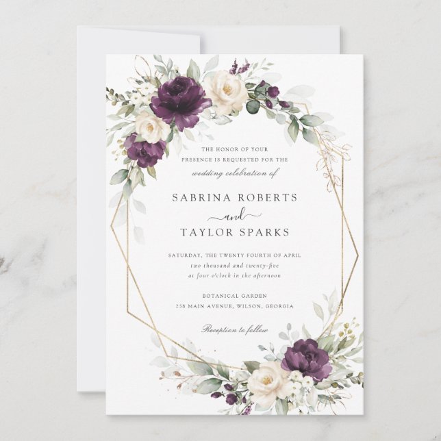Invitación Floral Purple White Plum Greeneration Gold Boda (Anverso)