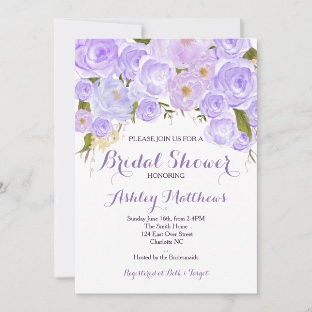 Invitación floral púrpura de Baby Shower de la (Anverso)