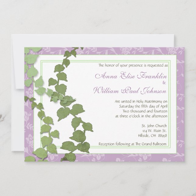 Invitación floral púrpura de la boda de la hiedra (Anverso)