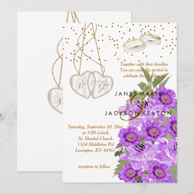 Invitación floral púrpura de la boda de la lavanda (Anverso / Reverso)