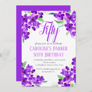 Invitación Floral púrpura de violeta rústica 50 cumpleaños