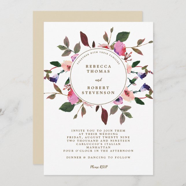 Invitación floral púrpura del boda del rosa moderno de la (Anverso / Reverso)
