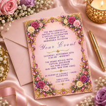 Invitación floral púrpura dorado rosa