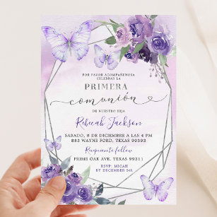 Invitación Floral púrpura española Primera Comunión Butterfly