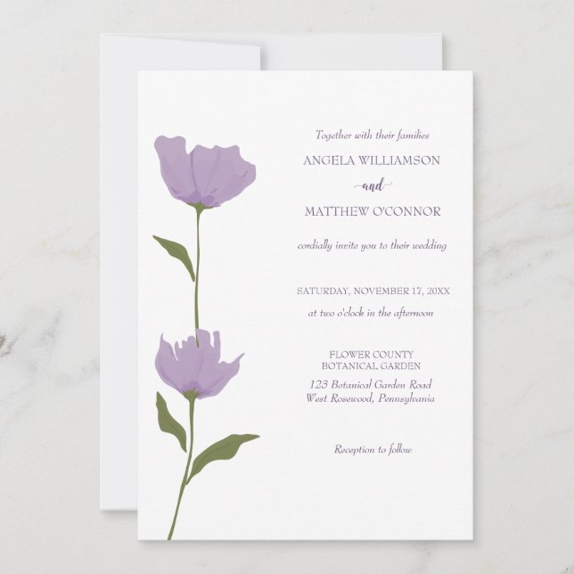 Invitación Floral púrpura, limpia, simple Boda (Anverso)