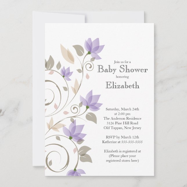 Invitación floral púrpura moderna de Baby Shower (Anverso)