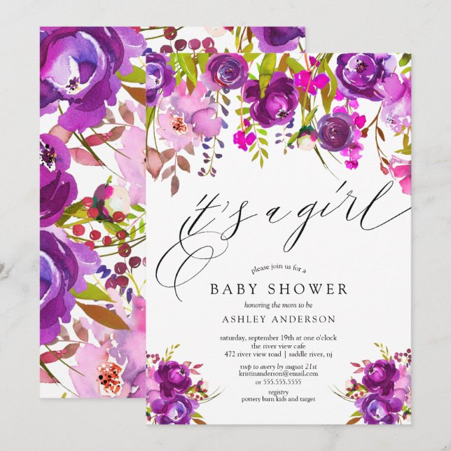 Invitación Floral púrpura moderna es un Baby Shower Chica (Anverso / Reverso)