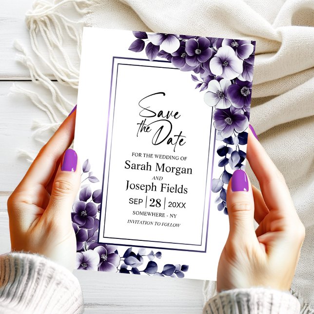 Invitación Floral púrpura moderna salva la fecha (Subido por el creador)