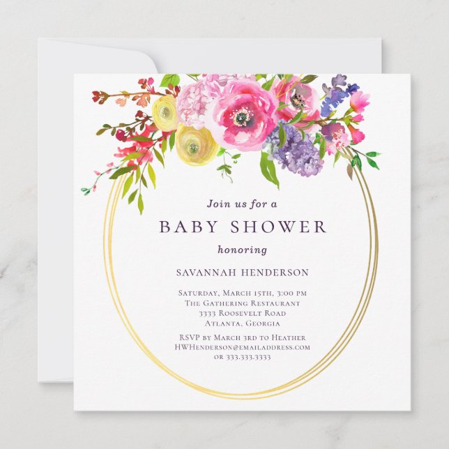 Invitación Floral Púrpura Rosa Con Acentos De Oro Baby Shower (Anverso)