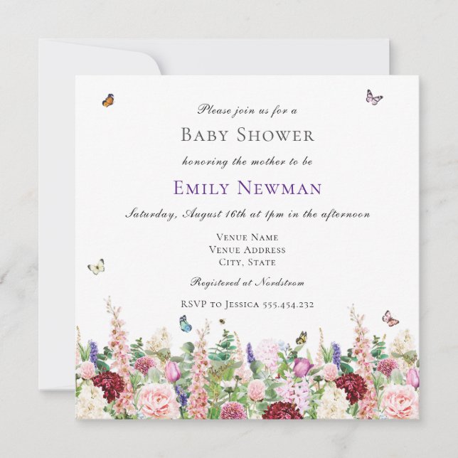 Invitación Floral púrpura rosa y mariposas | BABY SHOWER (Anverso)