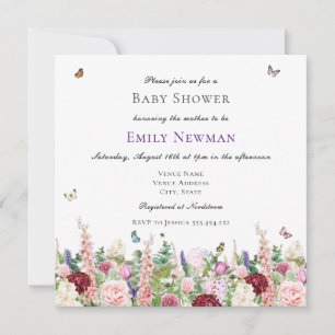 Invitación Floral púrpura rosa y mariposas   BABY SHOWER