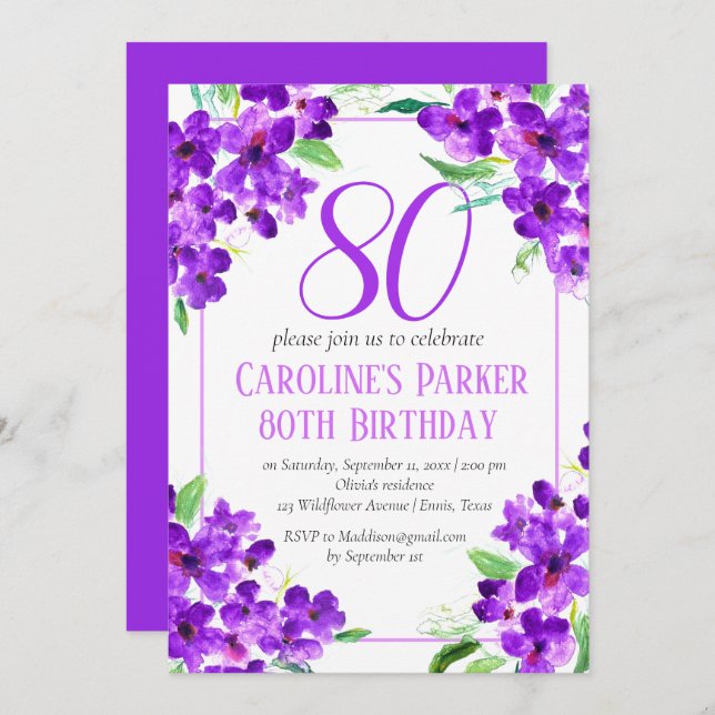 Invitación Floral púrpura violeta rusa 80 cumpleaños (Anverso / Reverso)