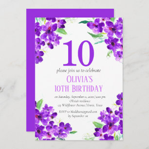 Invitación Floral púrpura violeta rústica 10 cumpleaños