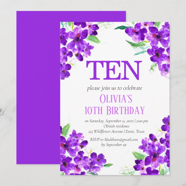 Invitación Floral púrpura violeta rústica 10 cumpleaños (Anverso / Reverso)