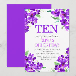 Invitación Floral púrpura violeta rústica 10 cumpleaños