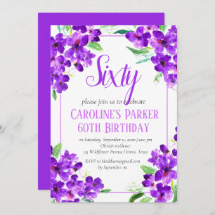 Invitación Floral púrpura violeta rústica 60 cumpleaños