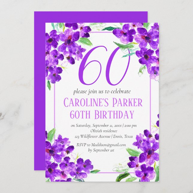 Invitación Floral púrpura violeta rústica 60 cumpleaños (Anverso / Reverso)