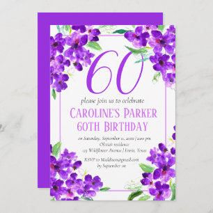 Invitación Floral púrpura violeta rústica 60 cumpleaños