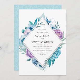 Invitación floral púrpura y azul de la boda