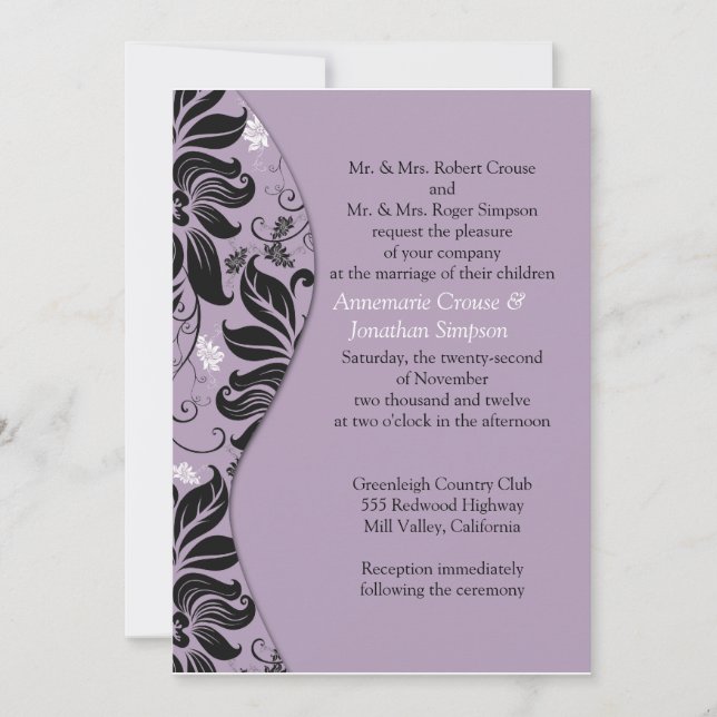 Invitación floral púrpura y negra de la boda (Anverso)