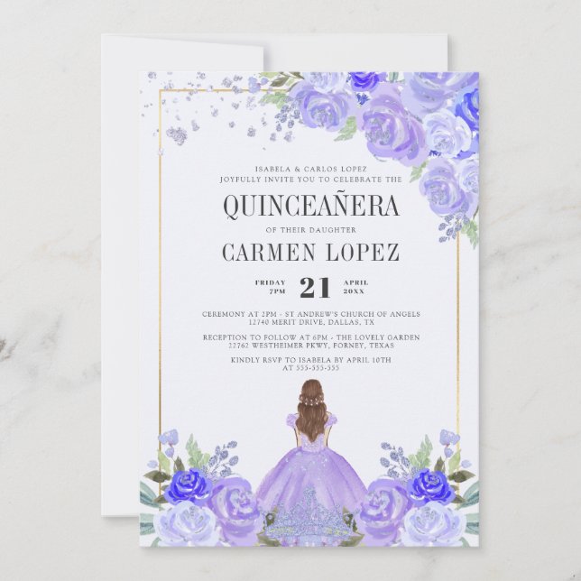 Invitación Floral Púrpura y Plata Princesa Tiara Quinceañera (Anverso)