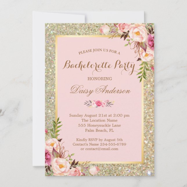 Invitación Floral Purpurina dorada de la fiesta de la Bachelo (Anverso)