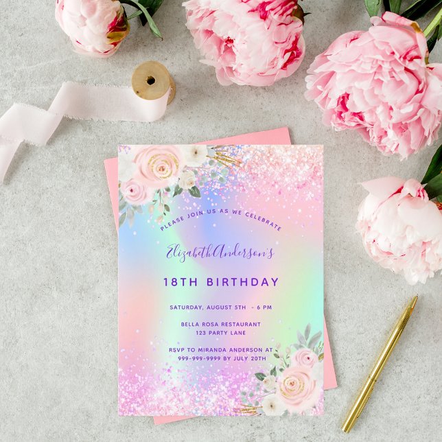 Invitación floral purpurina púrpura de cumpleaños (Subido por el creador)