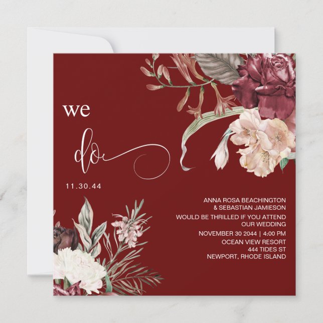 Invitación *~* Floral QR Bouquet AR15 BODA RSVP BURGANDY (Anverso)