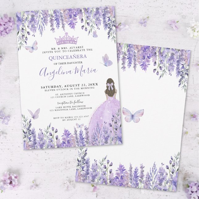 Invitación Floral Quinceañera (Purple Lilac Butterflies Tiara Floral Quinceañera Invitation)