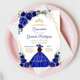 Invitación Floral Quinceañera Azul Dorado