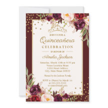 Invitación floral Quinceañera Burgundy Gold con br