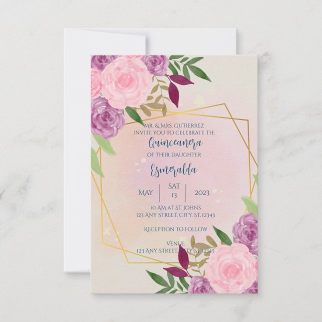 Invitación Floral Quinceañera, cumpleaños, Boda, Baby Shower (Anverso)