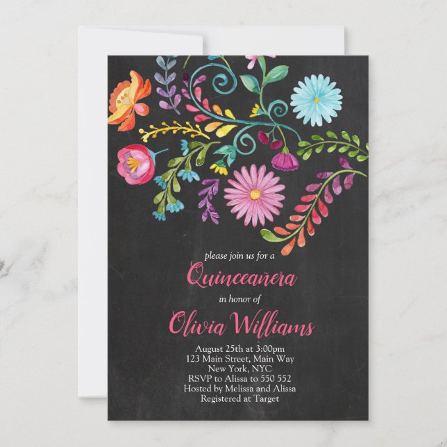 Invitación Floral Quinceanera Cumpleaños Fiesta Mexicana (Anverso)